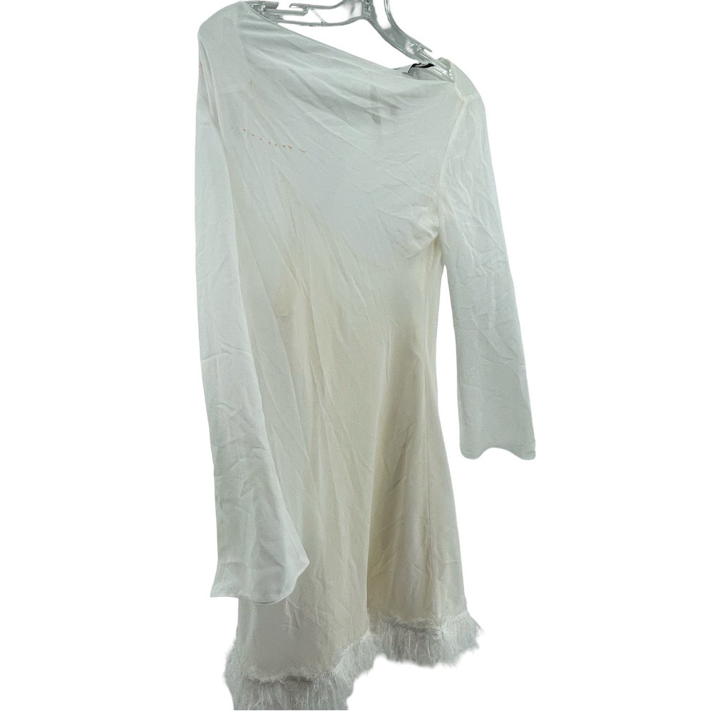 Reformation Women's Dress Mini Feather Trim White Silk 4
